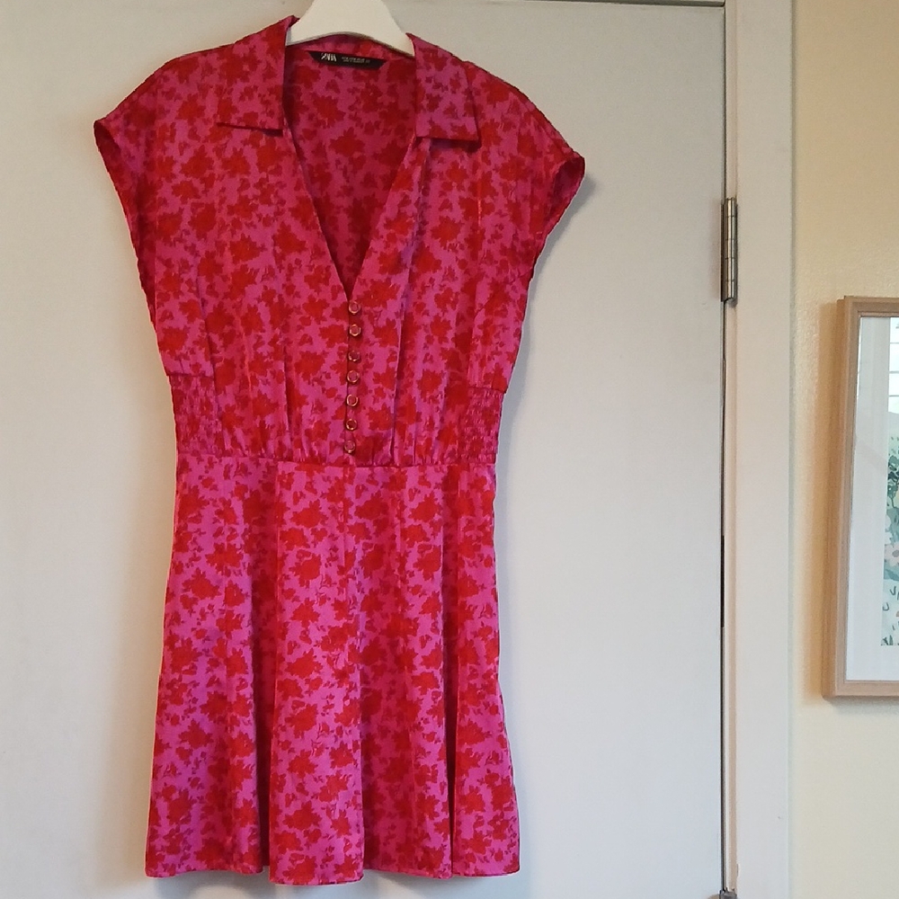 Zara Pink Red Sundress with Notched Collar